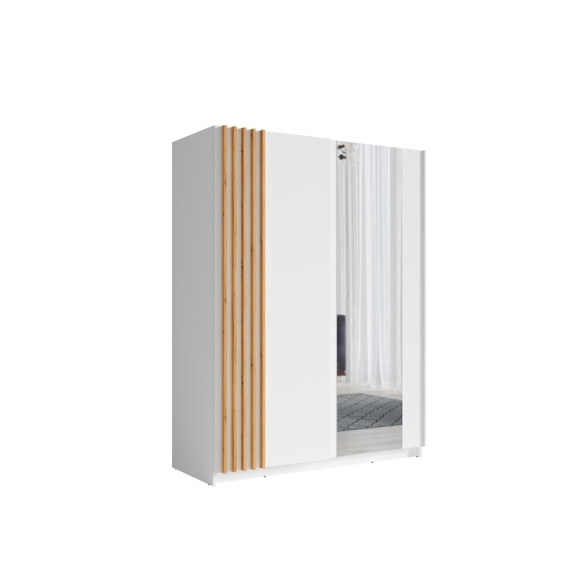 Armadio 150x200h Cm 2 Ante Scorrevoli Con Specchio Bianco Listelli Rovere Bayadero