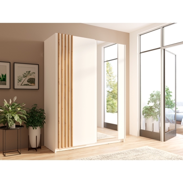 Armadio 150x200h Cm 2 Ante Scorrevoli Con Specchio Bianco Listelli Rovere Bayadero