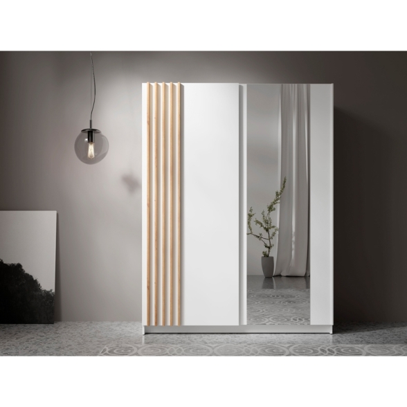 Armadio 150x200h Cm 2 Ante Scorrevoli Con Specchio Bianco Listelli Rovere Bayadero