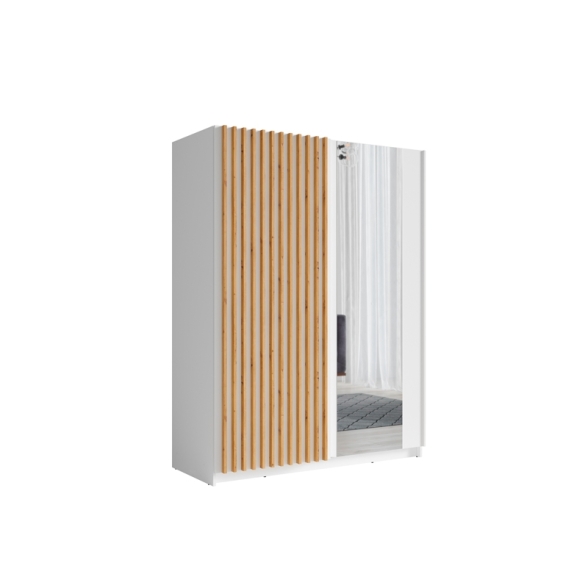 Armadio 150x200h Cm 2 Ante Scorrevoli Con Specchio Bianco Listelli Rovere Dalia