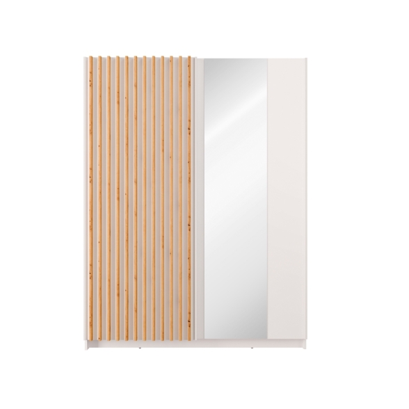 Armadio 150x200h Cm 2 Ante Scorrevoli Con Specchio Bianco Listelli Rovere Dalia