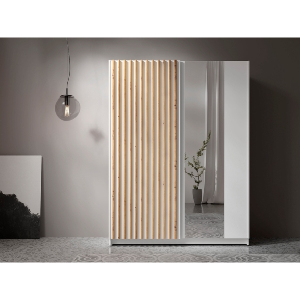Armadio 150x200h Cm 2 Ante Scorrevoli Con Specchio Bianco Listelli Rovere Dalia