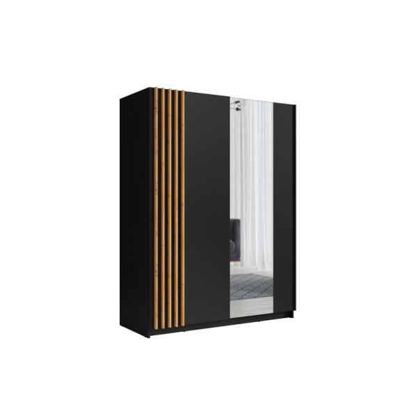 Armadio 150x200h Cm 2 Ante Scorrevoli Con Specchio Nero Listelli Rovere Bayadero