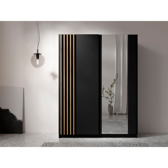 Armadio 150x200h Cm 2 Ante Scorrevoli Con Specchio Nero Listelli Rovere Bayadero