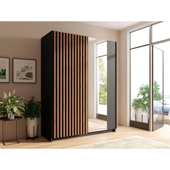 Armadio 150x200h Cm 2 Ante Scorrevoli Con Specchio Nero Listelli Rovere Dalia