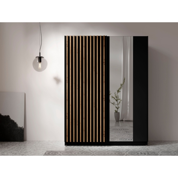 Armadio 150x200h Cm 2 Ante Scorrevoli Con Specchio Nero Listelli Rovere Dalia