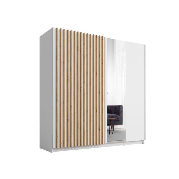 Armadio 200x200h Cm 2 Ante Scorrevoli Con Specchio Bianco Listelli Rovere Dalia