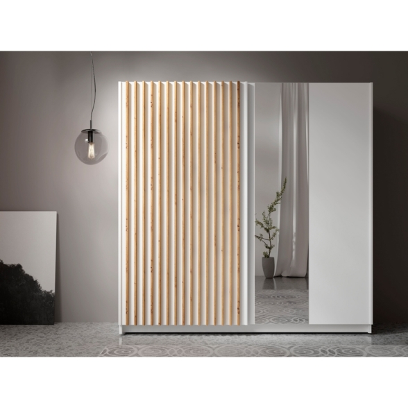 Armadio 200x200h Cm 2 Ante Scorrevoli Con Specchio Bianco Listelli Rovere Dalia