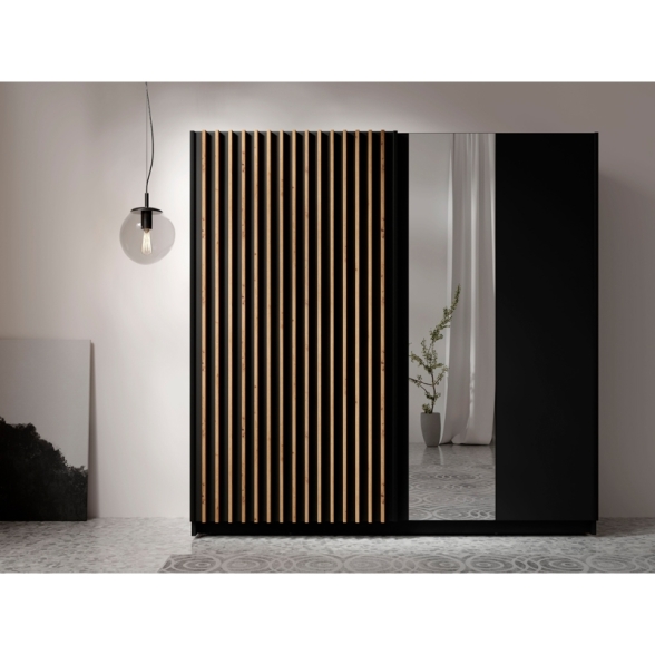 Armadio 200x200h Cm 2 Ante Scorrevoli Con Specchio Nero Listelli Rovere Dalia
