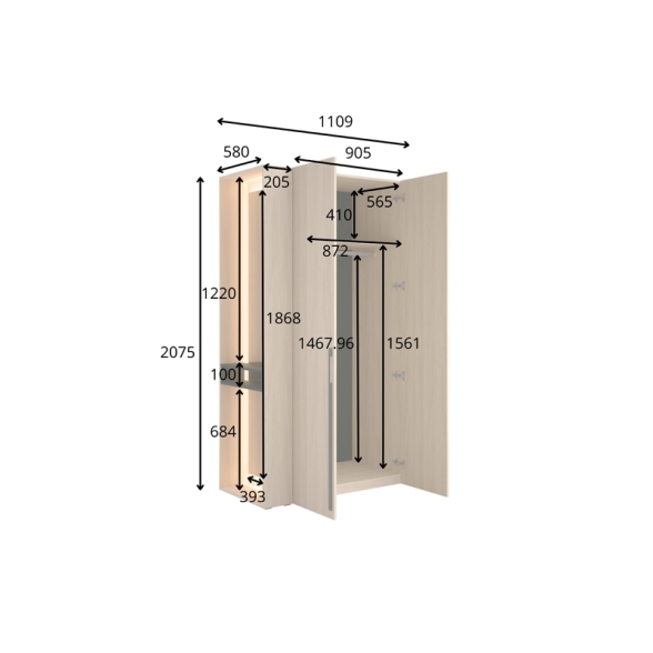 Armadio Ingresso 110x207h Cm 2 Ante Con Specchio Laterale Rovere Barcelona