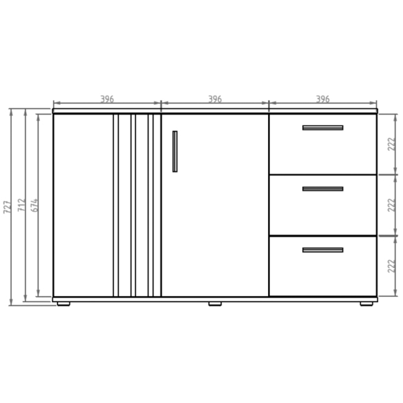 Credenza 120 Cm 2 Ante 3 Cassetti Listelli Rovere Toll Bianco Opaco