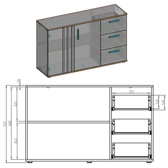 Credenza 120 Cm 2 Ante 3 Cassetti Listelli Rovere Toll Bianco Opaco