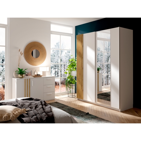 Credenza 120 Cm 2 Ante 3 Cassetti Listelli Rovere Toll Bianco Opaco