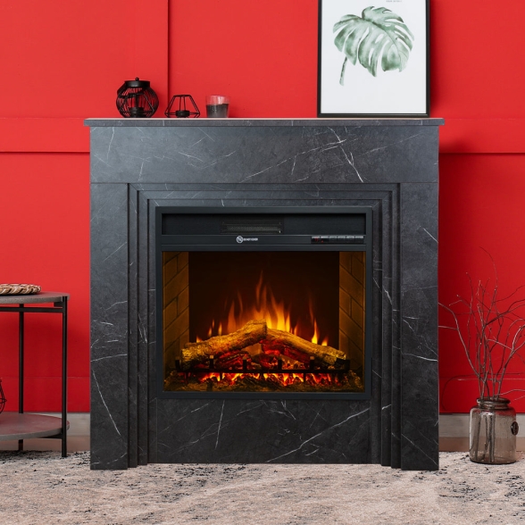 Camino elettrico da terra in legno effetto Marmo Nero BELLINI L96 x P35 x H96 cm