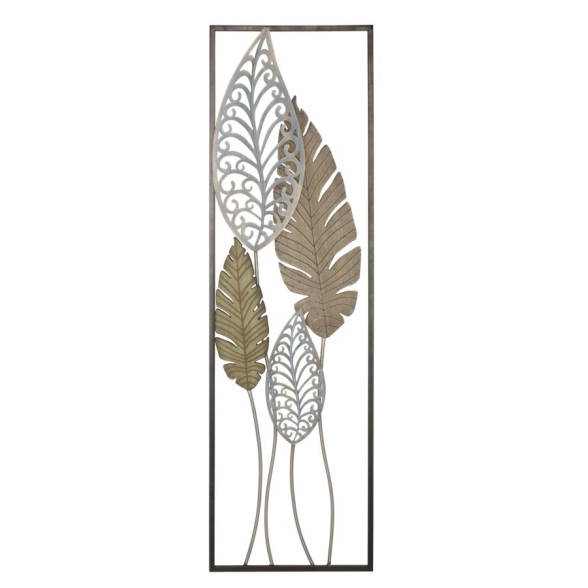 Pannello Decorativo In Ferro E Legno Foglie 30,5x1,9x91 Cm Oro E Argento Ver.B