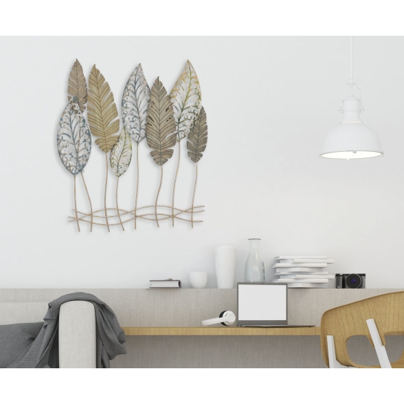 Pannello Decorativo In Ferro E Legno Foglie 75x2,5x87 Cm Oro E Argento Ver.C