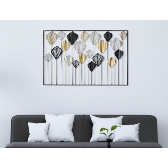Pannello Decorativo Rettangolare Con Foglie 120x2,5x78,5 Cm In Ferro Oro Argento Nero Lex-A