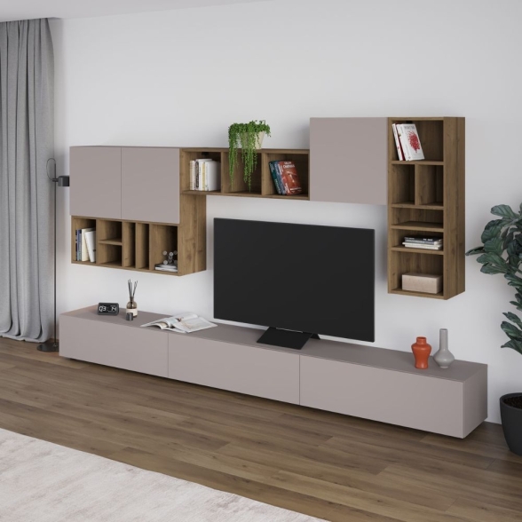 Parete Attrezzata 300 Cm Design Moderno Pensili Tortora E Noce Big