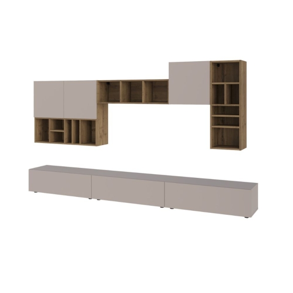 Parete Attrezzata 300 Cm Design Moderno Pensili Tortora E Noce Big