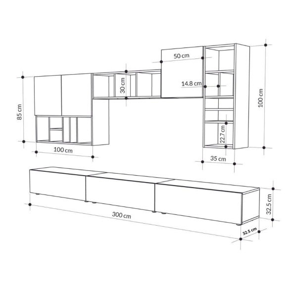 Parete Attrezzata 300 Cm Design Moderno Pensili Tortora E Noce Big