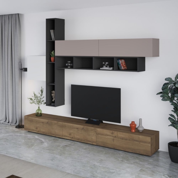Parete Attrezzata 275 Cm Con Pensili Bianco Moka E Antracite Fashion