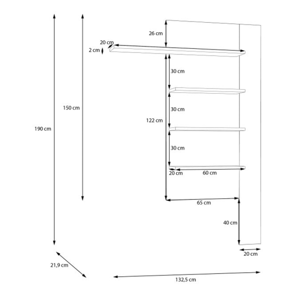 Mensola Verticale 4 Ripiani 132x22x190 Cm Lehman Rovere E Sabbia