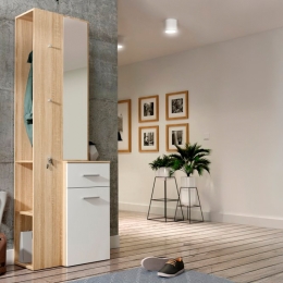Mobile Ingresso 65x34x196 Con Specchio E Barra Appendiabiti Teka Bianco E Rovere
