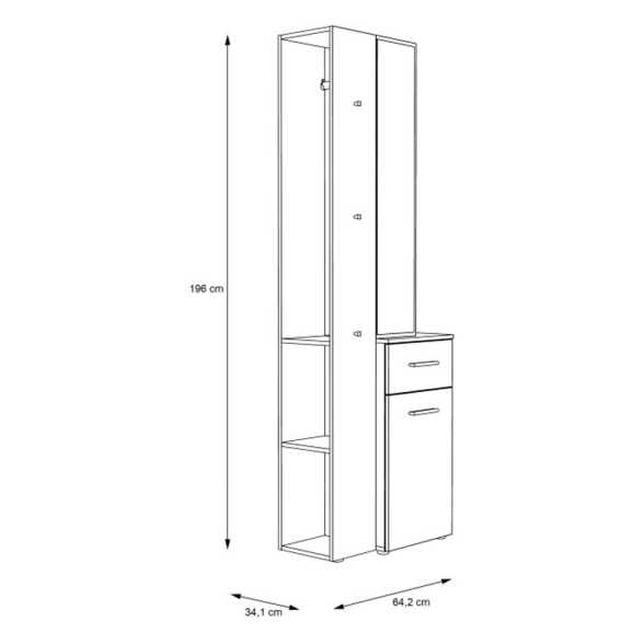 Mobile Ingresso 65x34x196 Con Specchio E Barra Appendiabiti Teka Bianco E Rovere