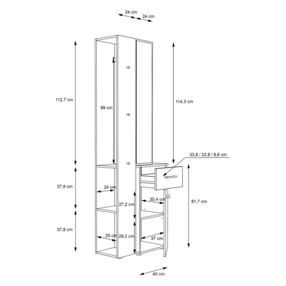 Mobile Ingresso 65x34x196 Con Specchio E Barra Appendiabiti Teka Bianco E Rovere