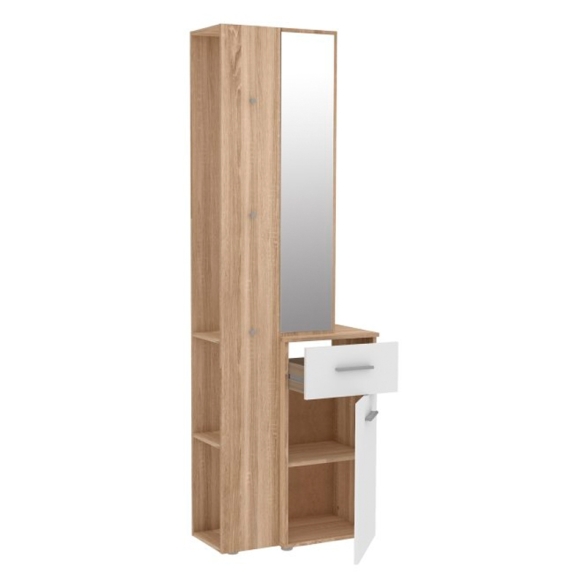 Mobile Ingresso 65x34x196 Con Specchio E Barra Appendiabiti Teka Bianco E Rovere