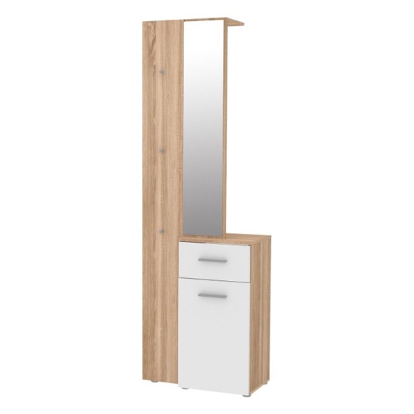 Mobile Ingresso 65x34x196 Con Specchio E Barra Appendiabiti Teka Bianco E Rovere