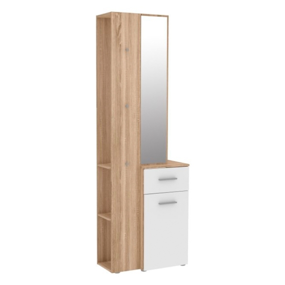 Mobile Ingresso 65x34x196 Con Specchio E Barra Appendiabiti Teka Bianco E Rovere