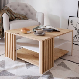 Tavolino Basso Da Salotto 80x80 Con Doghe Kave Rovere Artisan E Bianco