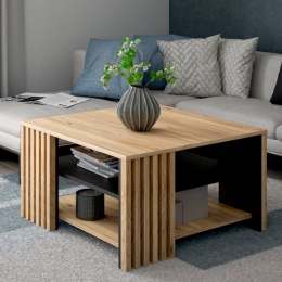 Tavolino Basso Da Salotto 80x80 Con Doghe Kave Rovere Mauvella E Nero