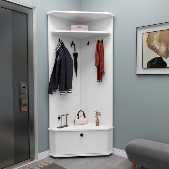 Mobile Da Ingresso Ad Angolo Con Appendiabiti E Vano Scarpiera Valis Bianco