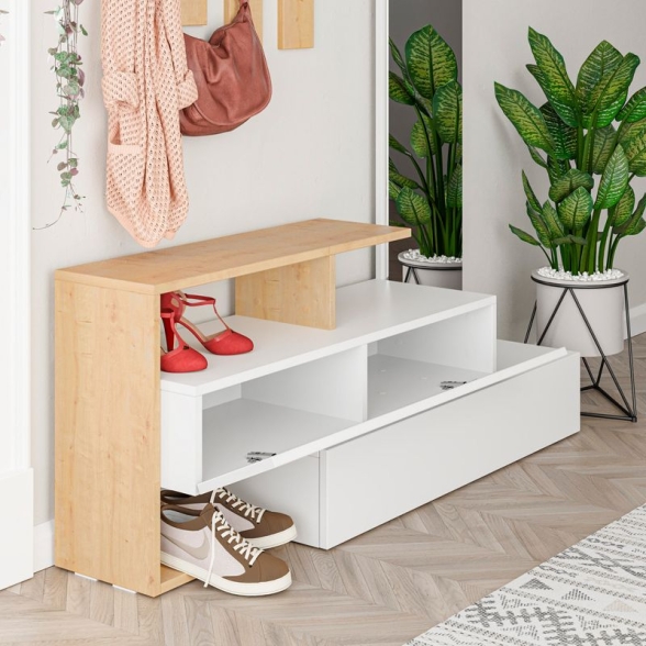 Mobile ingresso con scarpiera e specchio Ramda bianco e rovere