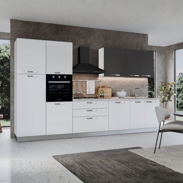 Cucina Reversibile 360 Cm Bianco Lucido E Pensili Grafite Iris