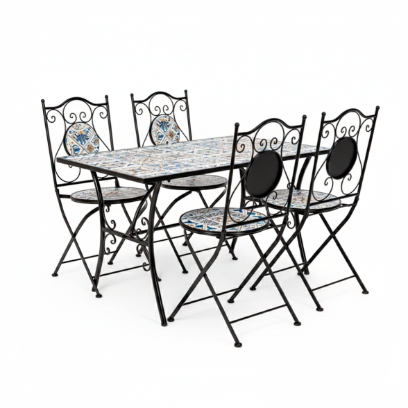 Set Bistrot Tavolo Mosaico 80x120 Cm Con 4 Sedie Pieghevoli Mykonos Bizzotto