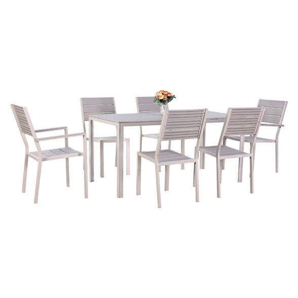 Set Tavolo E Sedie Da Giardino In Acciaio E Doghe In Resina Assos Beige