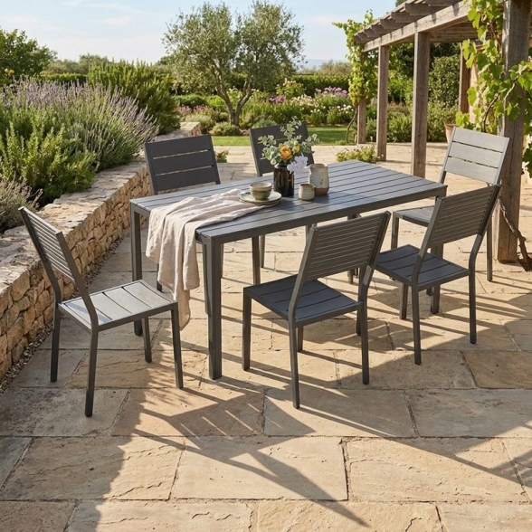 Set Tavolo E Sedie Da Giardino In Acciaio E Doghe In Resina Bodrum Antracite