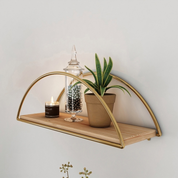 Mensola A Parete Stile Industrial Oro E Legno 41x17x16 Cm Rafi