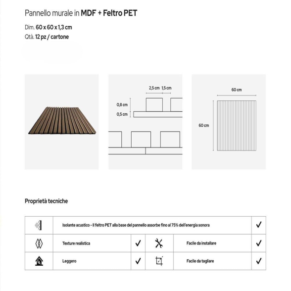 Pannello decorativo a listelli in legno doghe MDF e feltro PET Set 12 pz 60x60 fonoassorbente Noce chiaro