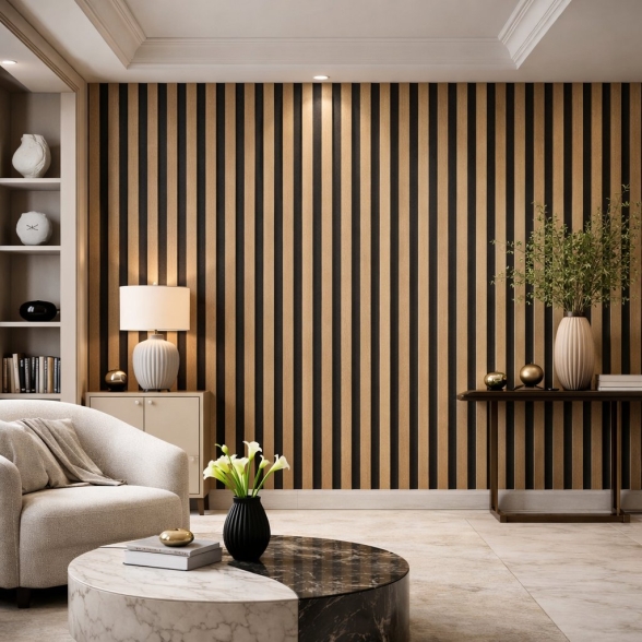 Pannello decorativo a listelli in legno doghe MDF e feltro PET Set 12 pz 60x60 fonoassorbente Rovere