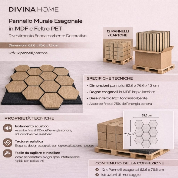 Pannello decorativo in legno MDF motivo esagonale e feltro PET Set 12 pz 62x76 fonoassorbente Rovere
