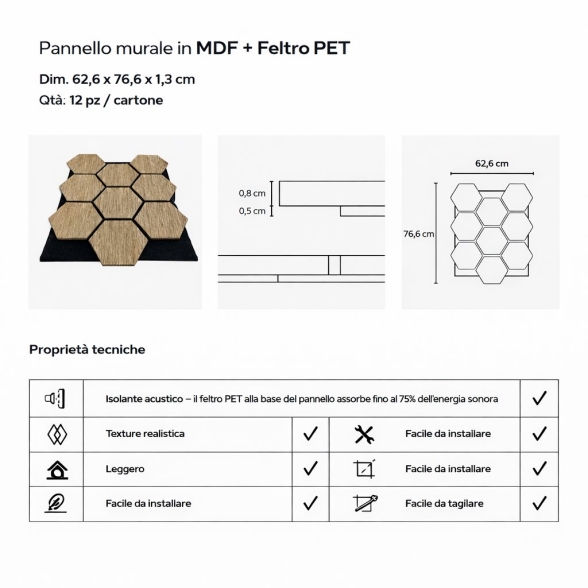 Pannello decorativo in legno MDF motivo esagonale e feltro PET Set 12 pz 62x76 fonoassorbente Rovere
