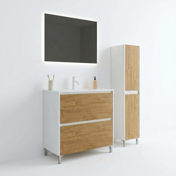 Mobile Bagno Lisbona 2 Cassetti 100 Cm Bianco Lucido Rovere Naturale
