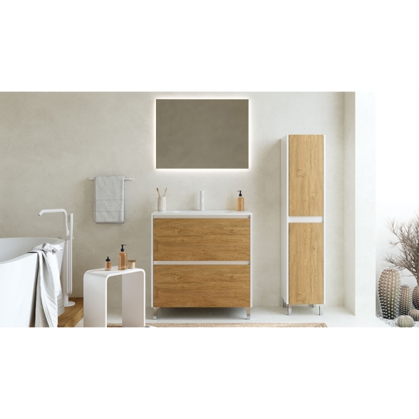 Mobile Bagno Lisbona 2 Cassetti 100 Cm Bianco Lucido Rovere Naturale