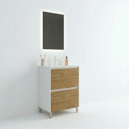 Mobile Bagno Lisbona 2 Cassetti 60 Cm Bianco Lucido Rovere Naturale