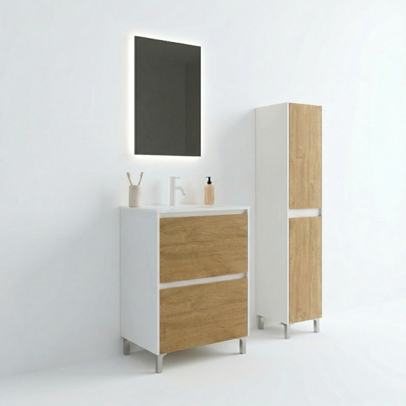 Mobile Bagno Lisbona 2 Cassetti 60 Cm Bianco Lucido Rovere Naturale