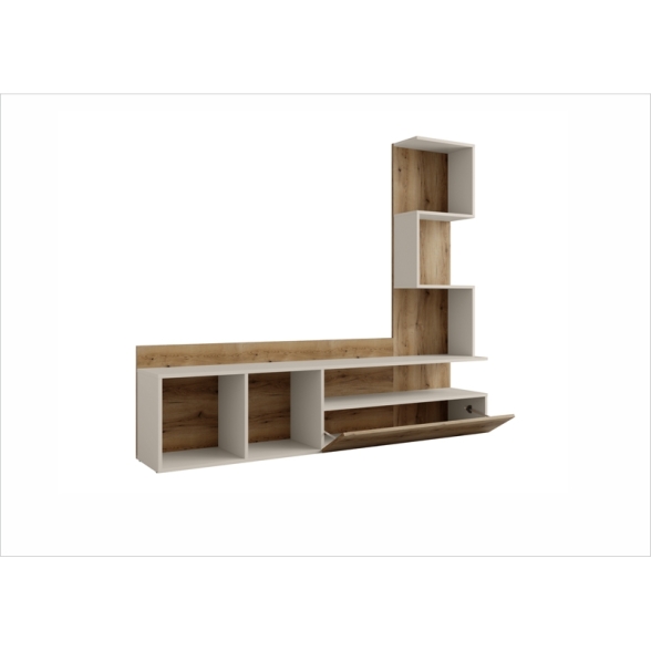 Parete Attrezzata 180 Cm Mobile TV Con Libreria Rovere Naturale E Beige Lima